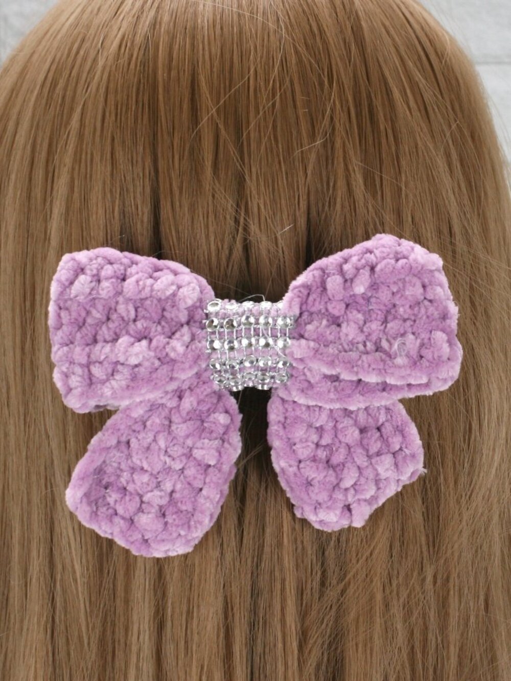 HAND CRAFTED Hair Bow Kids Crochet Chenille Velvet Hair Barrette Oversized Lilac